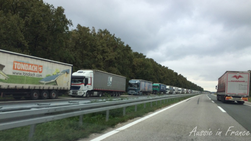 Trucks on the Serbian side of the border, banked up for 11 kilometers
