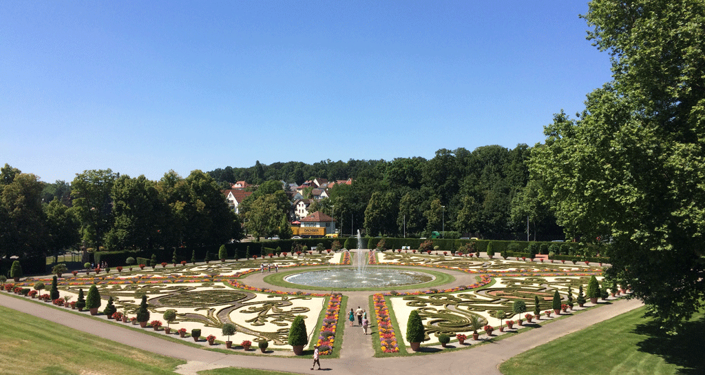 The formal gardens seen from the first floor of the original palace building