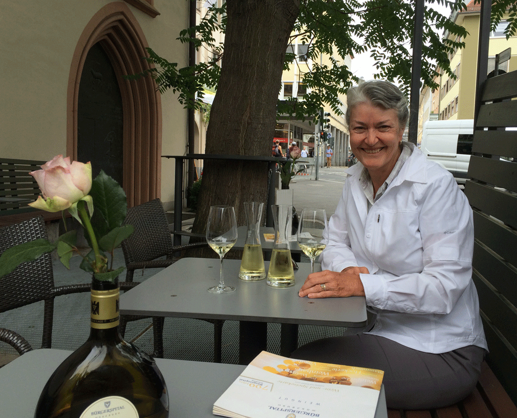 Enjoying a glass of gewurztraminer in the Weingut