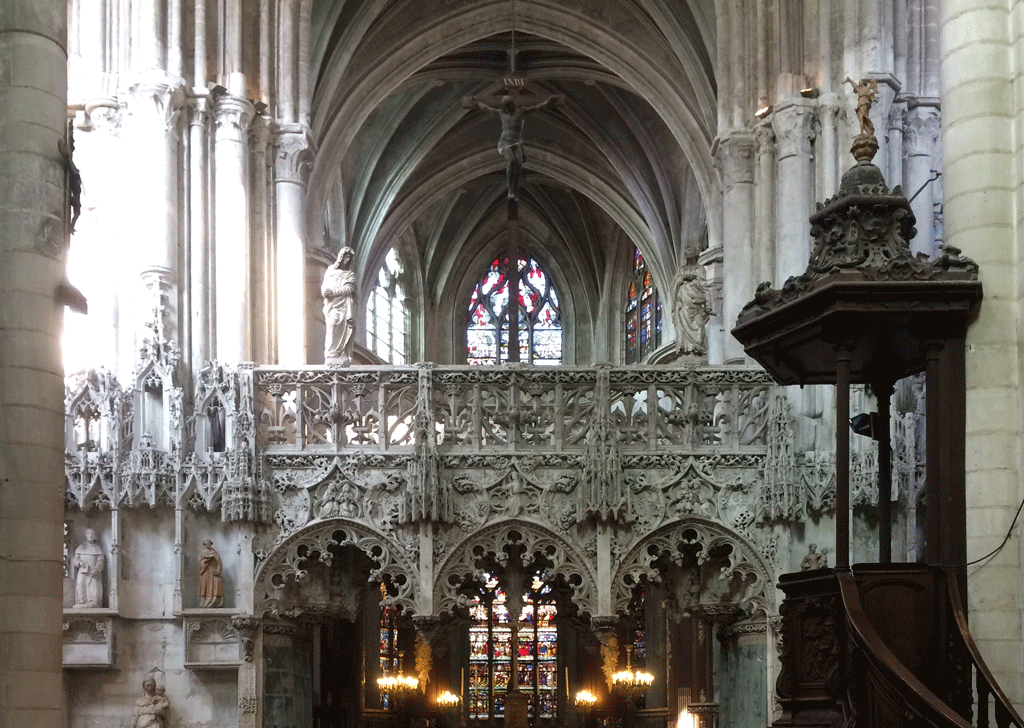 The rood-screen in the church of Saint Madeleine as you enter the church