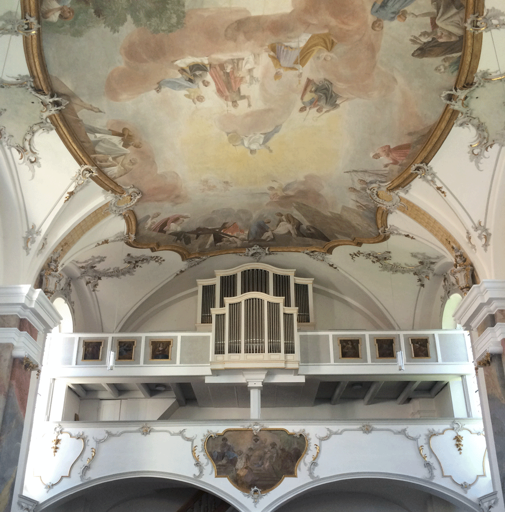 The painted ceiling and organ in Wilheim