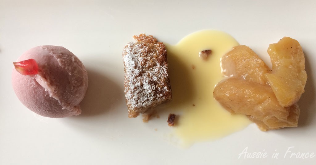 Desert: raspberry ice-cream, soft-centred chestnut cake and caramelised apples