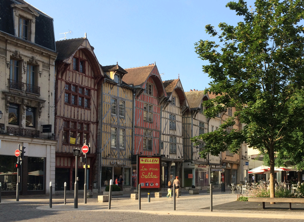 Our breakfast view of typical painted half-timbered houses in Troyes