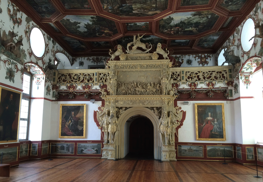 The fireplace and ceiling in the Knights' Hall in Weikersheim