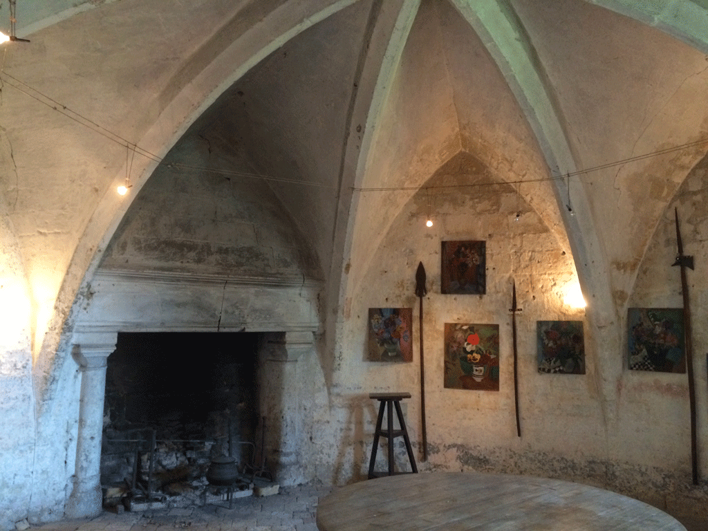 A vaulted room inside the tower on the right in the photo above