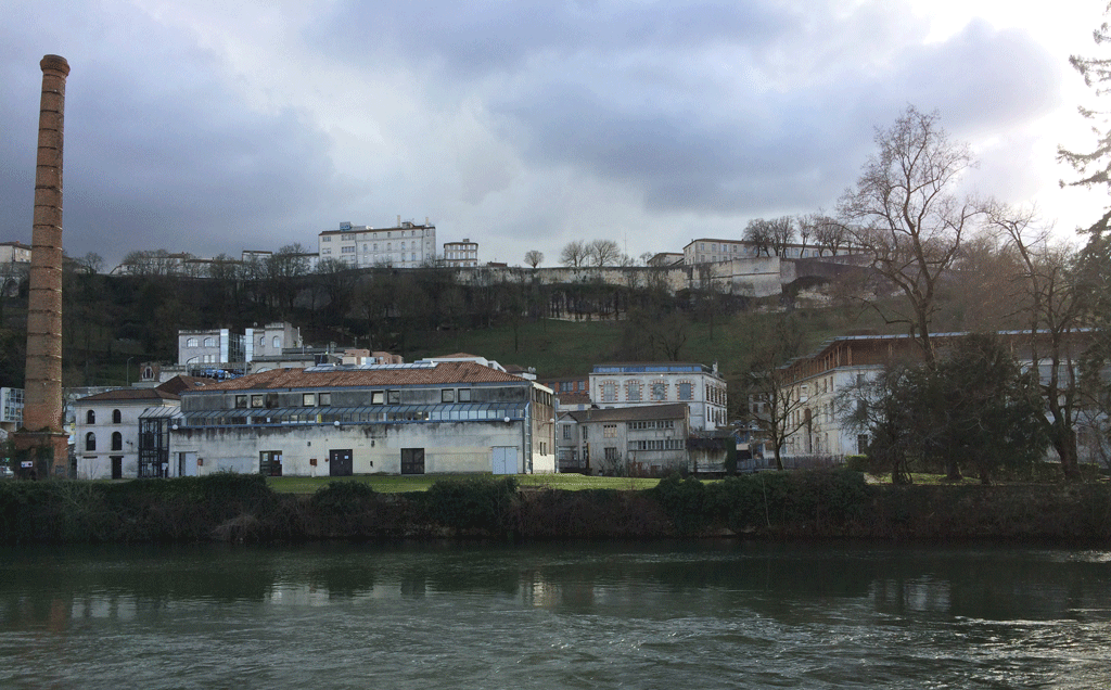 Looking down at our Appart'City hotel and the Charente