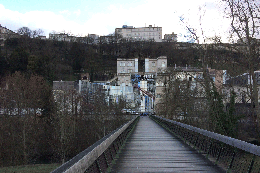 A modern façade looking up towards the old town