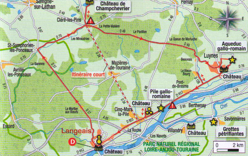 The bike map showing the original itinerary. We only went from Luynes to the aqueduct then onto Langeais.