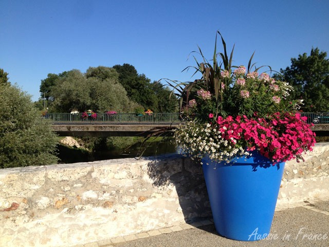 Giant flower pot on the pedestrian bridge at Candé sur Beuvron