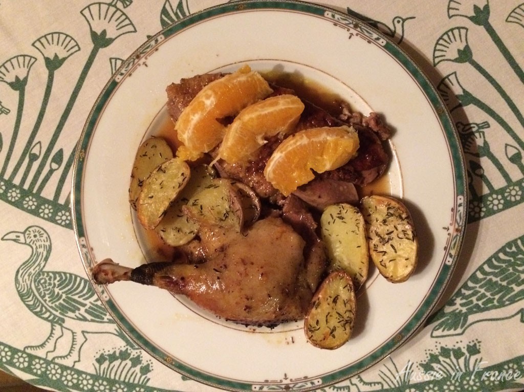 Canard à l'orange appropriately served on our Egyptian tablecloth