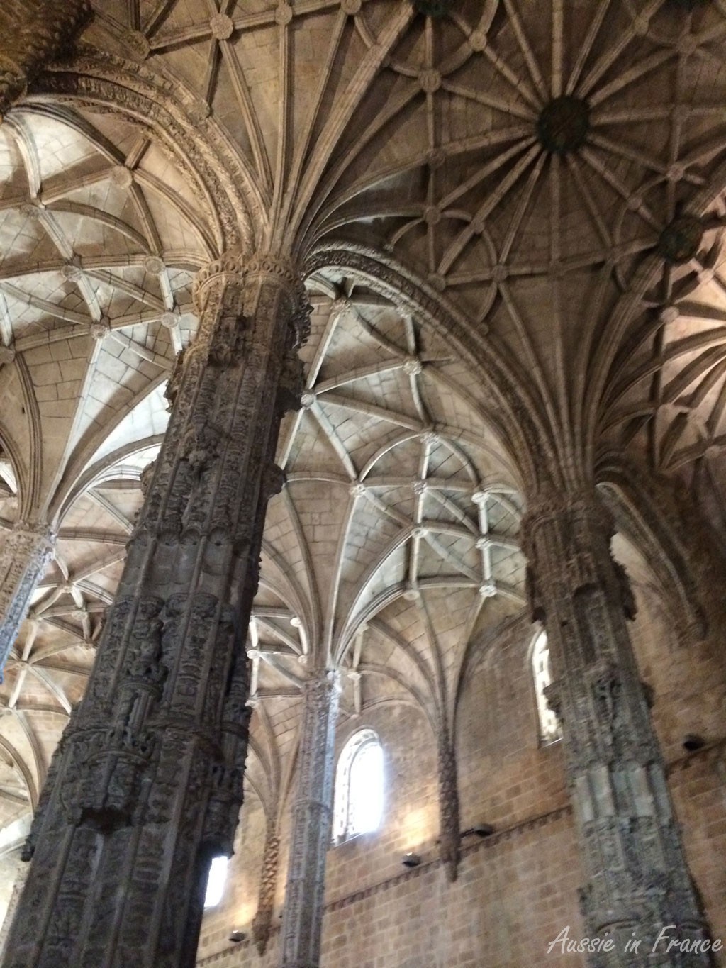 The columns inside the church at Jeronimos Monastery
