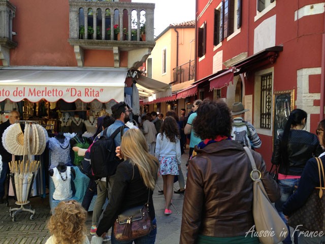 Crowded streets in Burano near the vaporetto