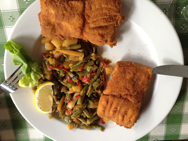Crumbed fish in Budapest