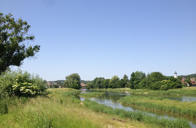 Typical scenery along the Danube with a church bulb in the distance