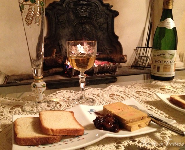 Home made foie gras cooked in salt and 1990 vouvray followed by champagne in the beautiful handmade glasses we bought in Rothenburg many moons ago