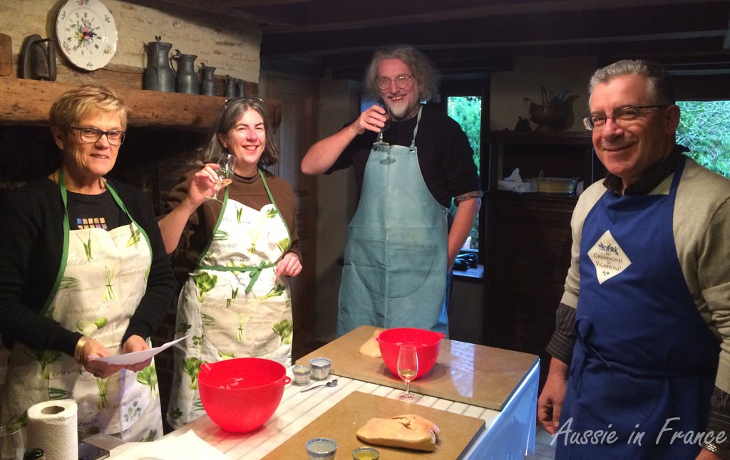 Françoise, Susan, Simon and Paul tasting the vouvray used for the foie gras