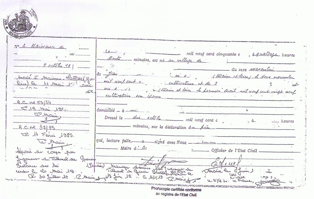 French annotated birth certificate