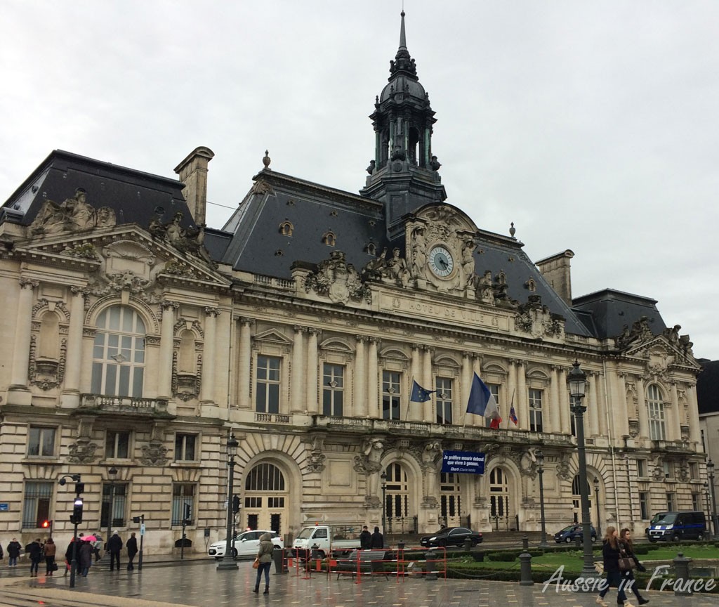Town hall in Tours with its Charlie Hebdo banner