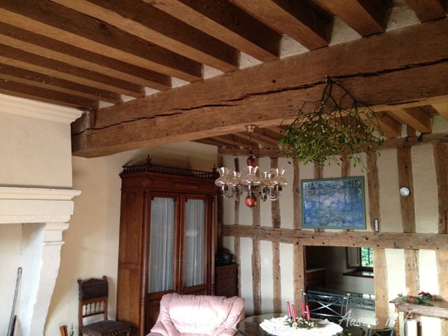 Mistletoe hanging from our 400-year old beam!
