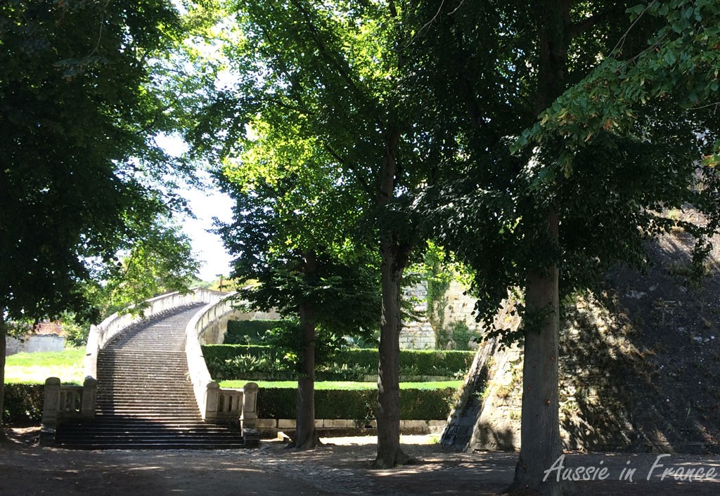 The monumental staircase opposite the collegiate church leading up to the château