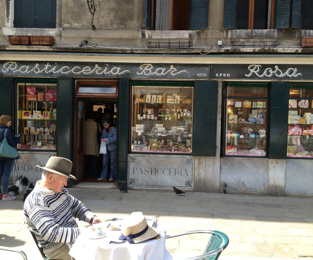 Jean MIchel in front of the pasticceria near the Ospedale