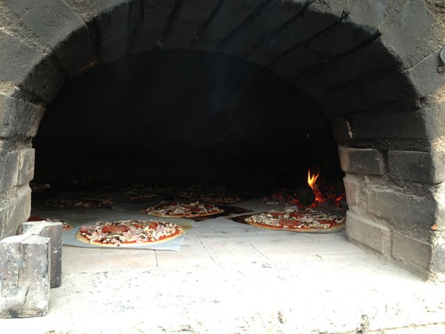 Our pizza in the oven