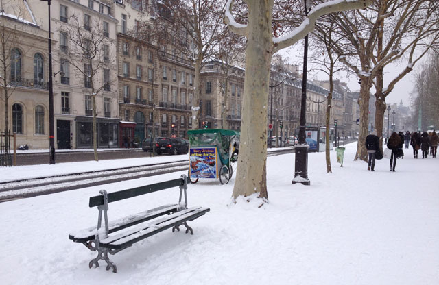 A bike cart not discouraged by the snow