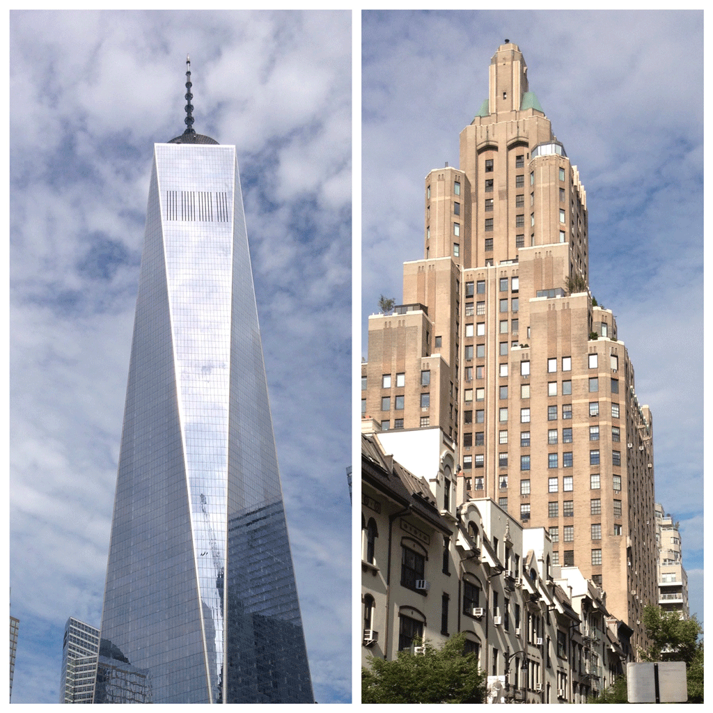 Two contrasting skyscrapers - the new One World Trade Center and one of the "wedding cake" skyscrapers from the 1930s