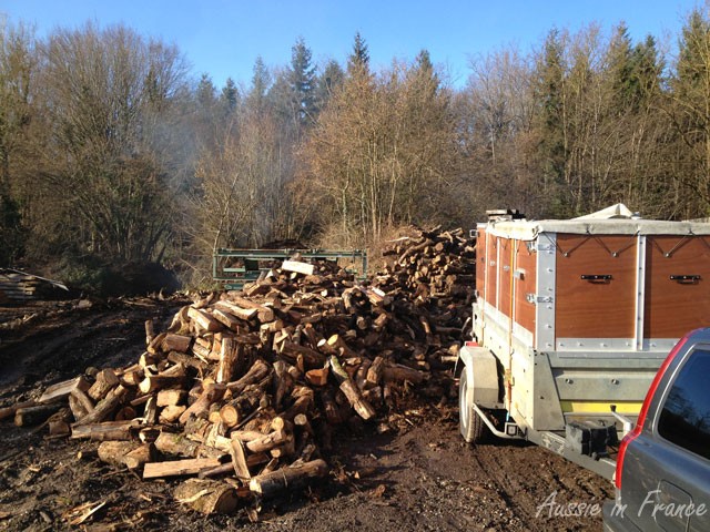 The trailer backed up as far as possible to the woodpile