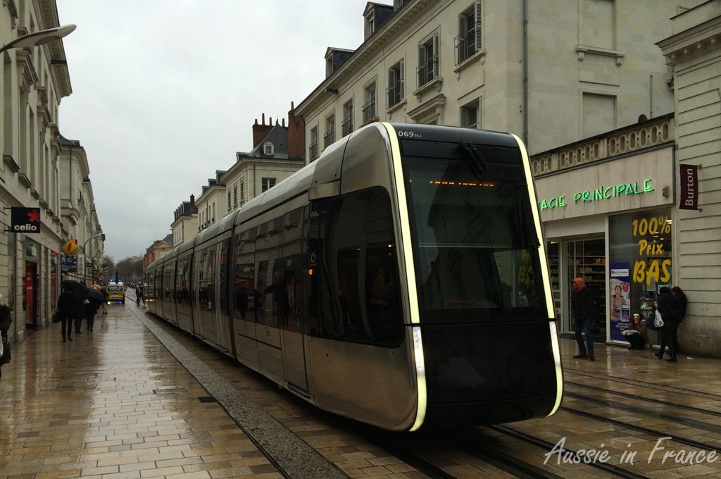 Tram n in the main street of Tours, looking very bleak